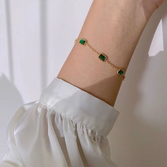 18K Gold Plated Emerald Green Station Elise Bracelet - Picture 3 of 8